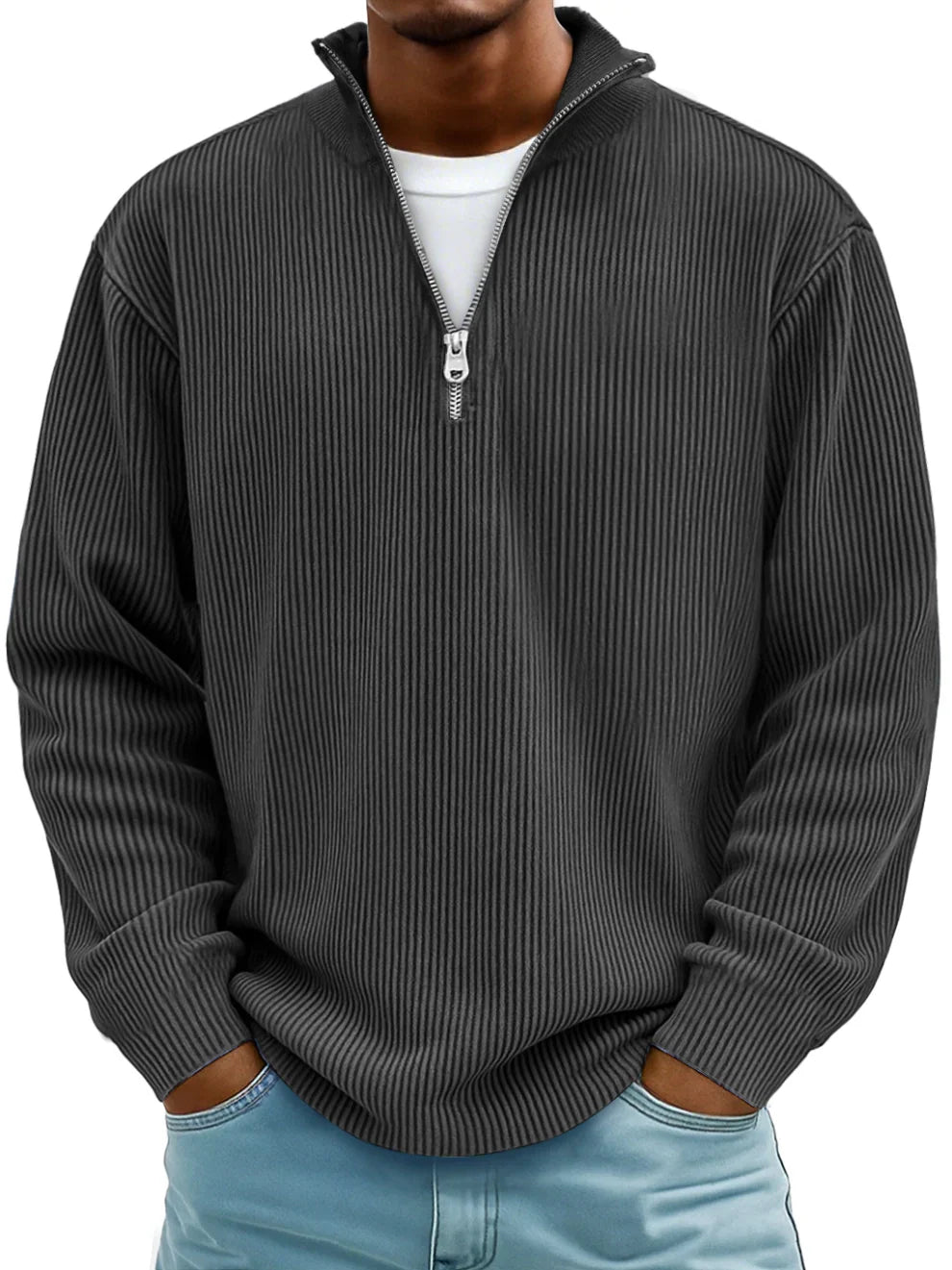LAURENT MONACO | PULL CLASSIQUE EN MAILLE CÔTELÉE DEMI-ZIP POUR HOMME
